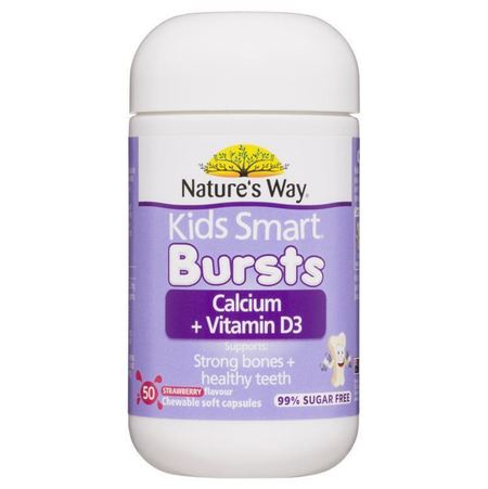 Nature&#039;s Way Kids Smart Bursts Calcium + Vitamin D3 Chewables 99% Sugar Free 50cap
