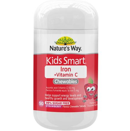 Nature&#039;s Way Kids Smart Iron + Vitamin C Chewables, Strawberry 99% Sugar Free 50cap